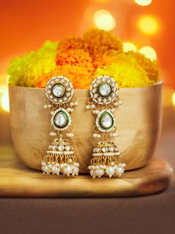 Zaveri Pearls - White Stone Gold Tone Kundan and Cluster Pearls Drop Jhumka Earrings