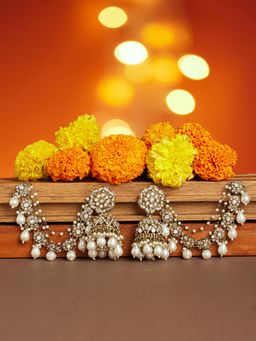 Zaveri Pearls - White Stones Antique Gold Tone Beads Jhumka Earrings with Ear Chain