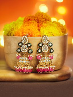 Zaveri Pearls - Green Meenakari Pink Beads Dazzling Stones Jhumka Earrings