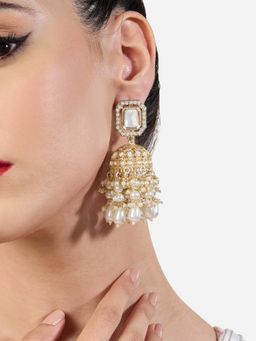 Zaveri Pearls - Gold Tone Stones and Clustered Beads Drop Jhumka Earrings