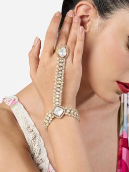 Zaveri Pearls - Gold Tone Dazzling Kundan and Pearls Embellished Ring Bracelet