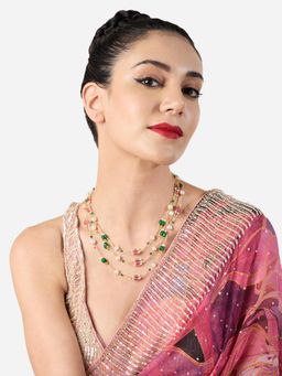 Zaveri Pearls - Pink, Green and White Beads Multilayer Pearls Fusion Statement Necklace