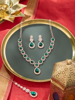 Zaveri Pearls - Green and White Stones Diamonds Necklace Earrings and Maan Tikka Set