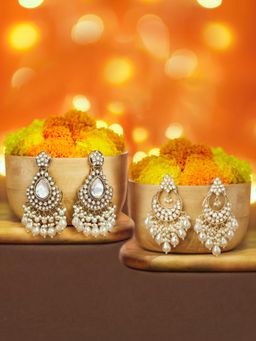 Zaveri Pearls - White Stones and Cluster Beads Dangler Earrings (Pack of 2)