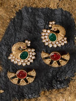 Zaveri Pearls - Rani Pink and Green Stones Statement Drop Earrings (Pack of 2)