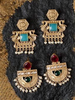 Zaveri Pearls - Multicolour Stones Statement Ethnic Drop Earrings (Pack of 2)
