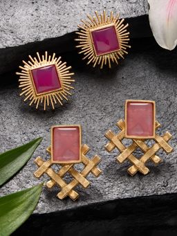 Zaveri Pearls - Pink Stone Embellished Fusion Style Studs Earrings (Pack of 2)