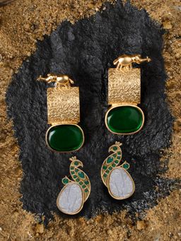 Zaveri Pearls - Green Stones Peacock and Elephant Studs Earrings (Pack of 2)