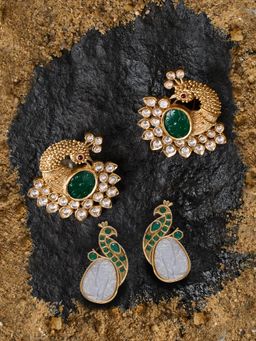 Zaveri Pearls - Green and Grey Stones Peacock Inspired Studs Earrings (Pack of 2)