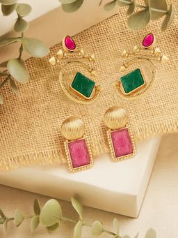 Zaveri Pearls - Green Pink Stones Embellished Stud and Drop Earrings (Pack of 2)