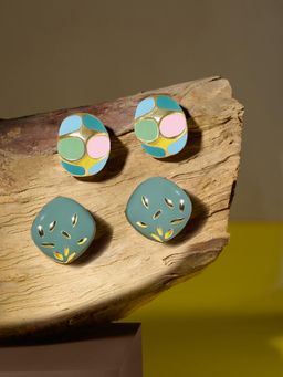 Zaveri Pearls - Multicolour Enamel Contemporary Studs Earrings (Pack of 2)