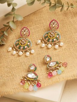 Zaveri Pearls - Multicolour Stones Embellished Ethnic Drop Earrings (Pack of 2)