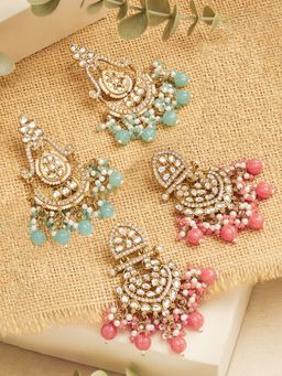 Zaveri Pearls - Pink Blue Beads Kundan Diamonds Dangle Earrings (Pack of 2)