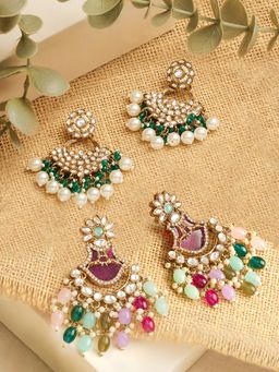 Zaveri Pearls - Multicolour Stones Beads Drop Dangle Earrings (Pack of 2)