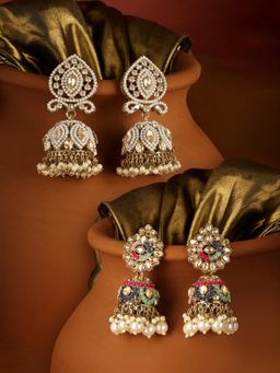 Zaveri Pearls - Multicolour Stones Cluster Beads Jhumka Earrings (Pack of 2)