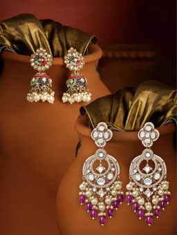 Zaveri Pearls - Multicolour Stones Beads Jhumka Dangle Earrings (Pack of 2)