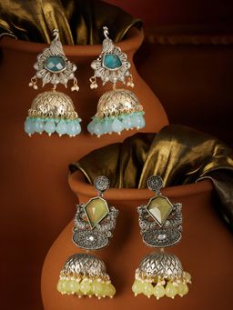 Zaveri Pearls - Blue Fluorescent and Green Stone Beads Jhumka Earrings (Pack of 2)