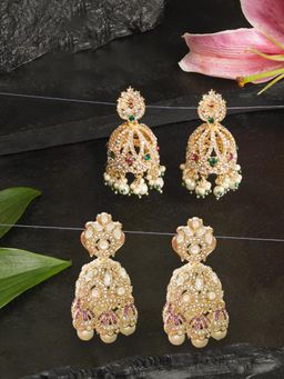 Zaveri Pearls - Pink and Green Austrian Diamonds Beads Drop Jhumka Earrings (Pack of 2)