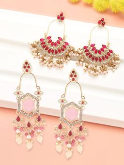 Zaveri Pearls - Pink And White Stones Beads Drop Ethnic Dangler Earrings (Pack of 2)