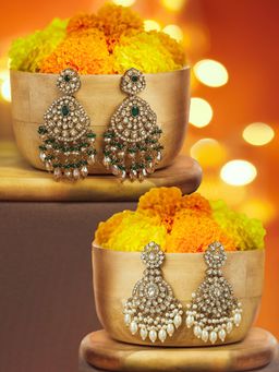 Zaveri Pearls - Green Stones and Cluster Beads Drop Dangler Earrings (Pack of 2)