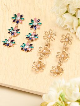 Zaveri Pearls - Multicolour Stone Floral Contemporary Drop Earrings (Pack of 2)