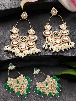 Zaveri Pearls - Green Stones Beads and White Diamonds Dangler Earrings (Pack of 2)