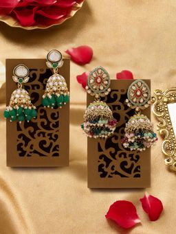 Zaveri Pearls - Multicolour Stones Clustered Beads Jhumka Earrings (Pack of 2)