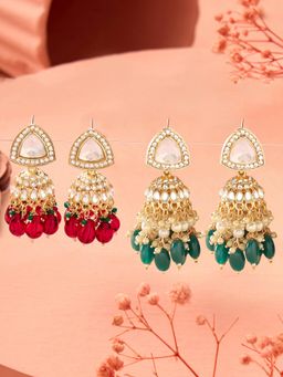 Zaveri Pearls - Rani Pink and Green Cluster Bead Stone Jhumka Earrings (Pack of 2)