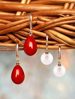 Zaveri Pearls - Red Bead and Pearl Brass Rose Gold Drop Earrings (Pack of 2)