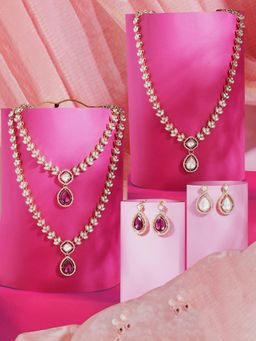 Zaveri Pearls - Purple and White Stones Diamonds Necklaces and Earrings (Pack of 2)