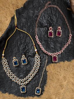 Zaveri Pearls - Blue and Purple Stone Necklace Earring Maan tikka (Pack of 2)