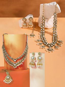 Zaveri Pearls - Green and White Meenakari Necklaces Earrings with Maan tikkas (Pack of 2)
