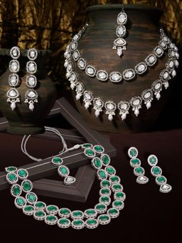 Zaveri Pearls - Green and White Stones Necklace Earring and Maan tikka (Pack of 2)