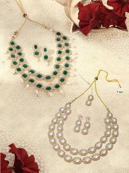 Zaveri Pearls - Green and White Stones Necklace Earring and Maan tikka (Pack of 2)