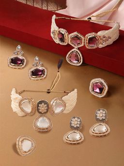 Zaveri Pearls - Purple and White Multistrand Necklace Earring with Ring (Pack of 2)