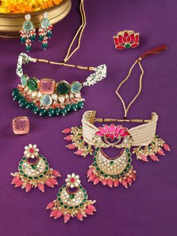 Zaveri Pearls - Multicolour Meenakari Necklace Earring and Ring (Pack of 2)