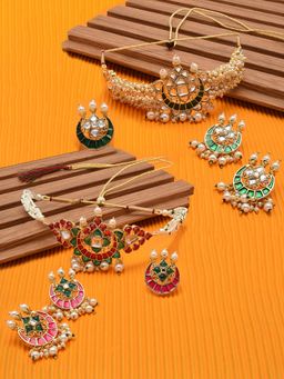 Zaveri Pearls - Green and Pink Meenakari Necklaces Earring with Rings (Pack of 2)