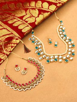 Zaveri Pearls - Pink and Green Stones Kundan Necklaces and Earrings (Pack of 2)