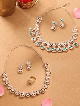 Zaveri Pearls - Green and White Stones Diamonds Necklace Earring with Ring (Pack of 2)