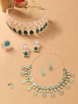 Zaveri Pearls - Green and White Stones Diamonds Necklace Earring with Ring (Pack of 2)