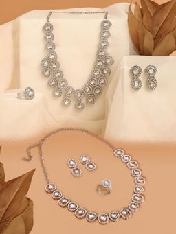 Zaveri Pearls - White Silver Tone Diamonds Necklaces Earring with Rings (Pack of 2)
