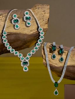 Zaveri Pearls - Green and White Stones Diamonds Necklaces and Earrings (Pack of 2)