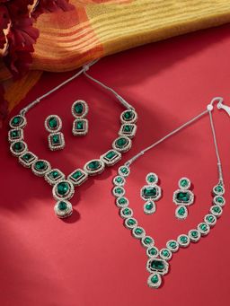 Zaveri Pearls - Green and White Stones Diamonds Necklaces and Earrings (Pack of 2)