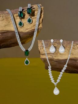 Zaveri Pearls - Green and White Stones Diamonds Necklaces and Earrings (Pack of 2)