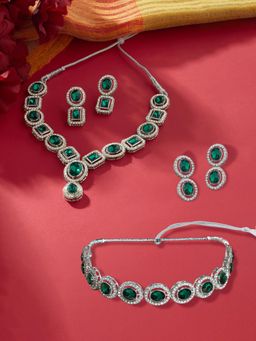 Zaveri Pearls - Green and White Stones Diamonds Necklaces and Earrings (Pack of 2)