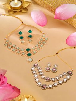 Zaveri Pearls - Green and Purple Stones Austrian Diamonds Necklace and Earring (Pack of 2)