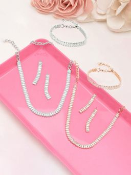 Zaveri Pearls - Rose Gold and Silver Cubic Zirconia Necklace Earrings with Bracelets (Pack of 2)