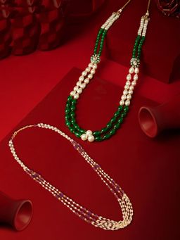 Zaveri Pearls - Green and Purple Meenakari Beaded Layer Necklaces (Pack of 2)