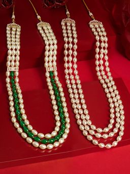 Zaveri Pearls - Green and White Beaded Traditional Multilayer Necklaces (Pack of 2)