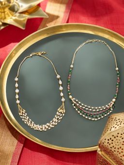 Zaveri Pearls - Pink and Green Multi Layer Beaded Festive Necklaces (Pack of 2)